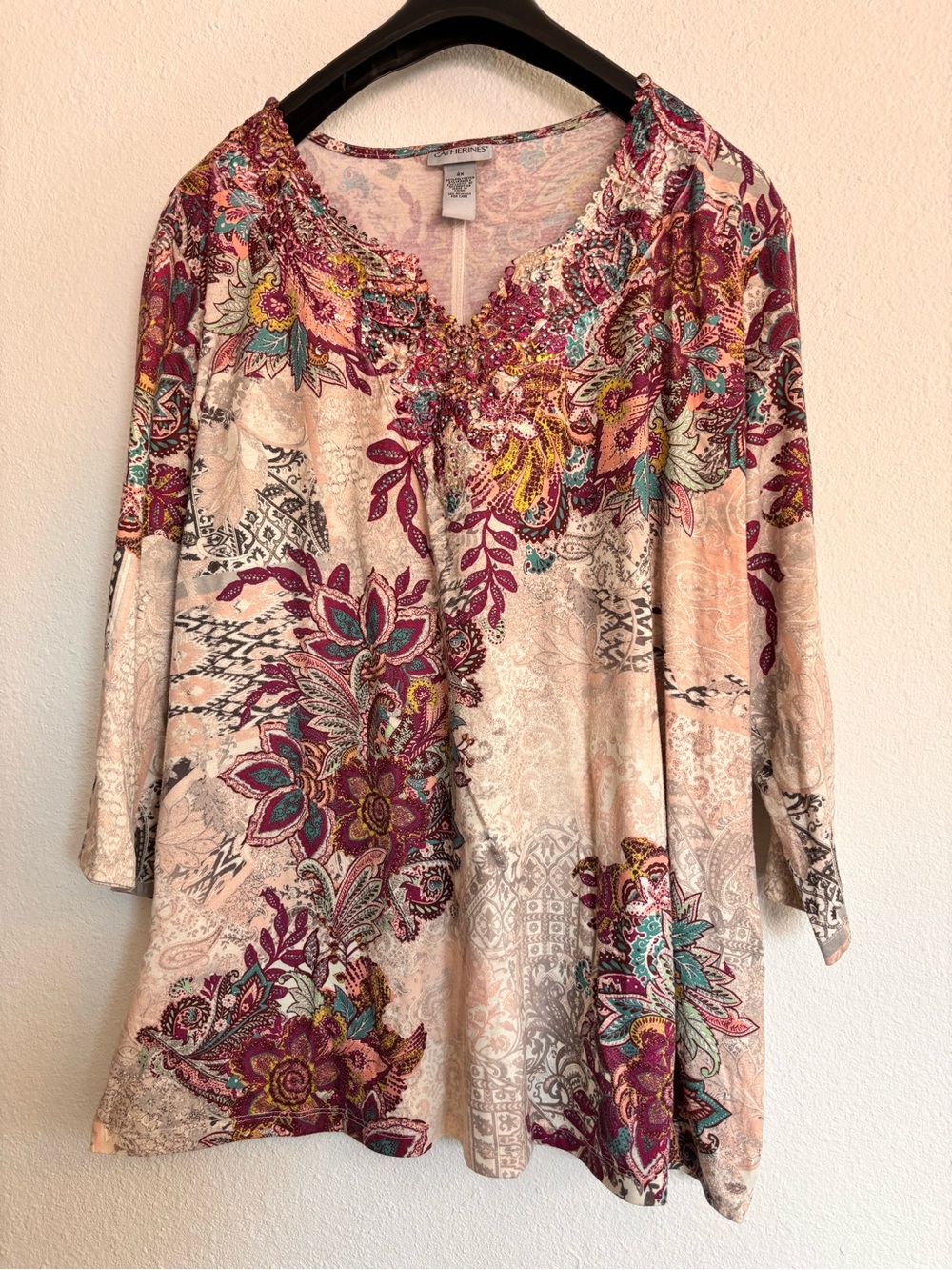 Catherines Embellished Paisley Floral Tunic | 2X Plus Size | 3/4 sleeve